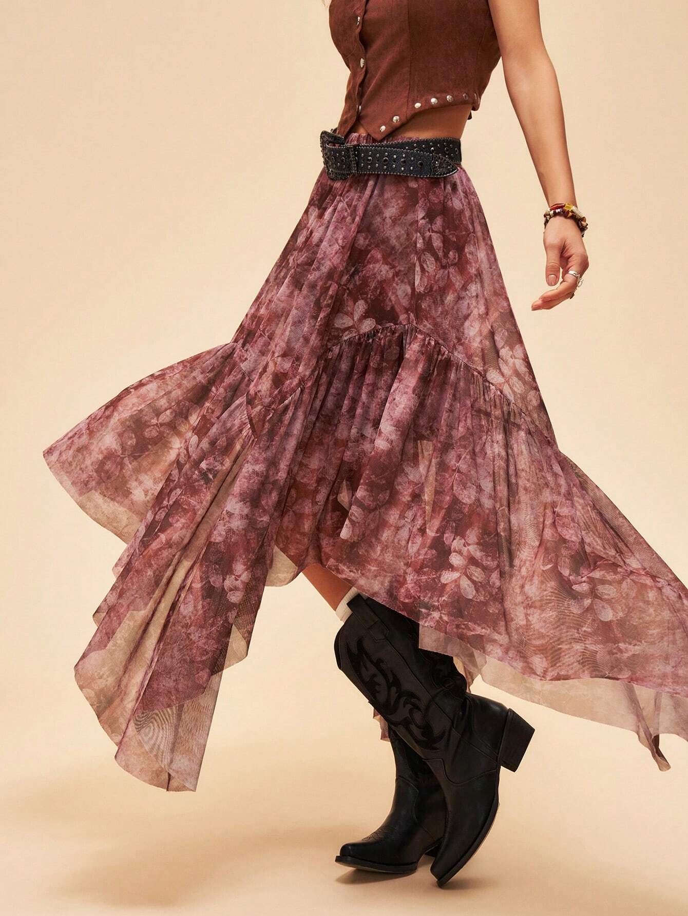  Asymmetric Hem Skirt with Vacation Style Floral Print and Ruffles