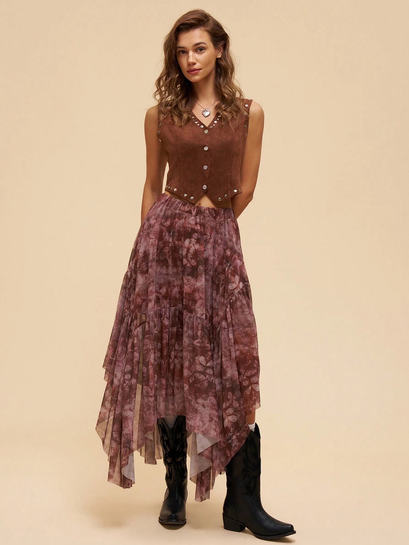  Asymmetric Hem Skirt with Vacation Style Floral Print and Ruffles