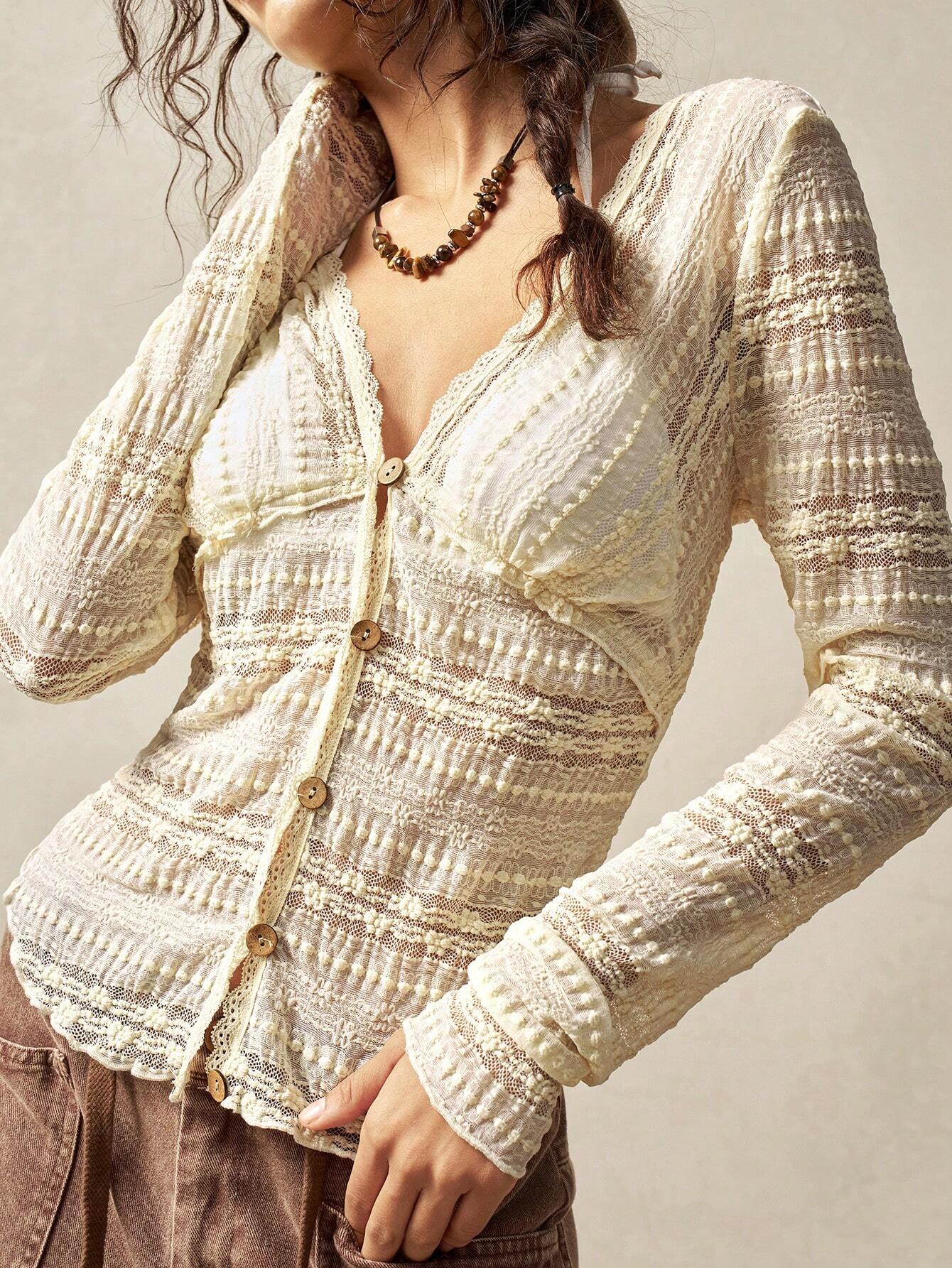 Boho Casual Solid Color Knit Lace V-Neck Long Sleeve Fitted Women Top