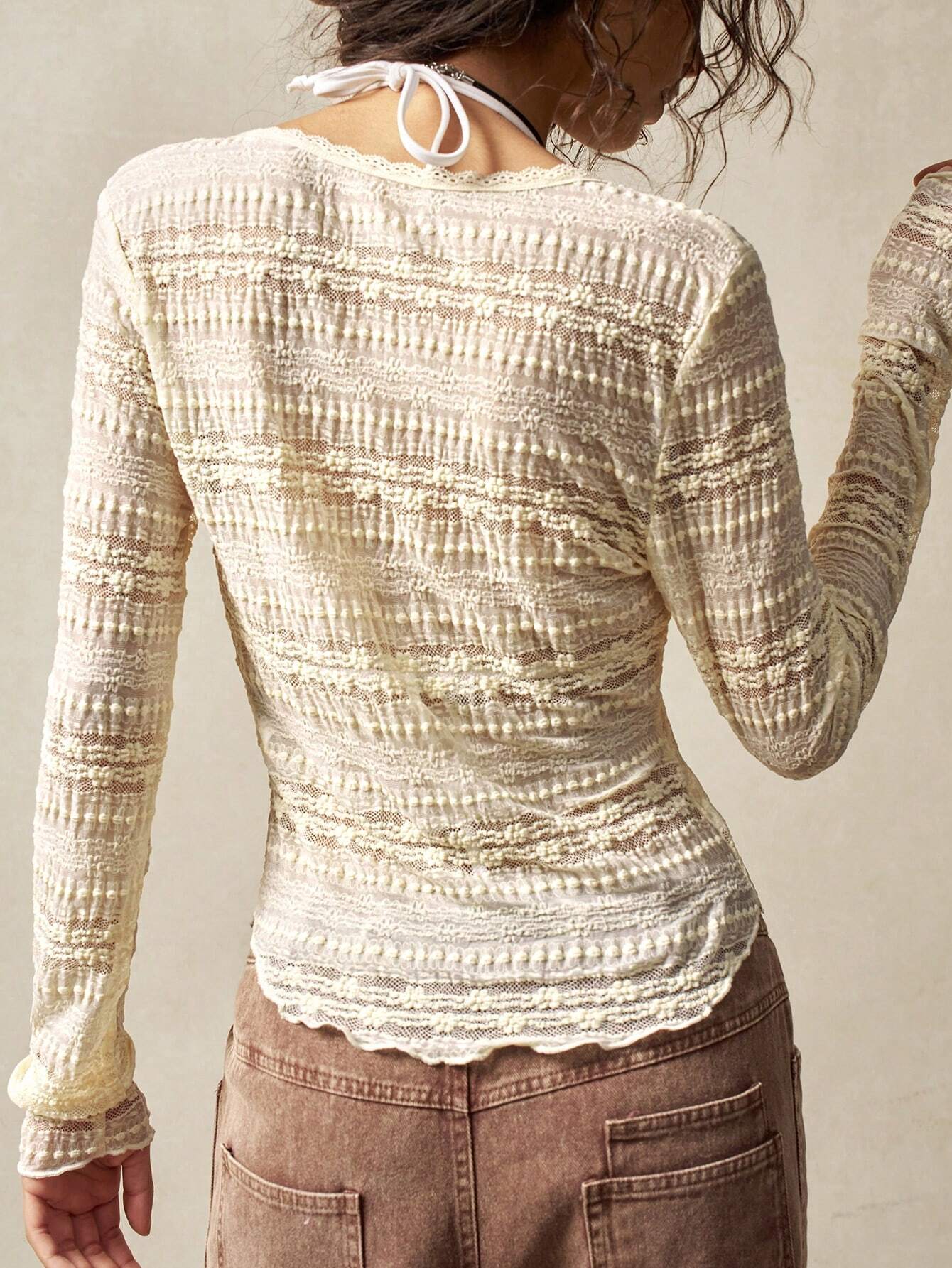 Boho Casual Solid Color Knit Lace V-Neck Long Sleeve Fitted Women Top